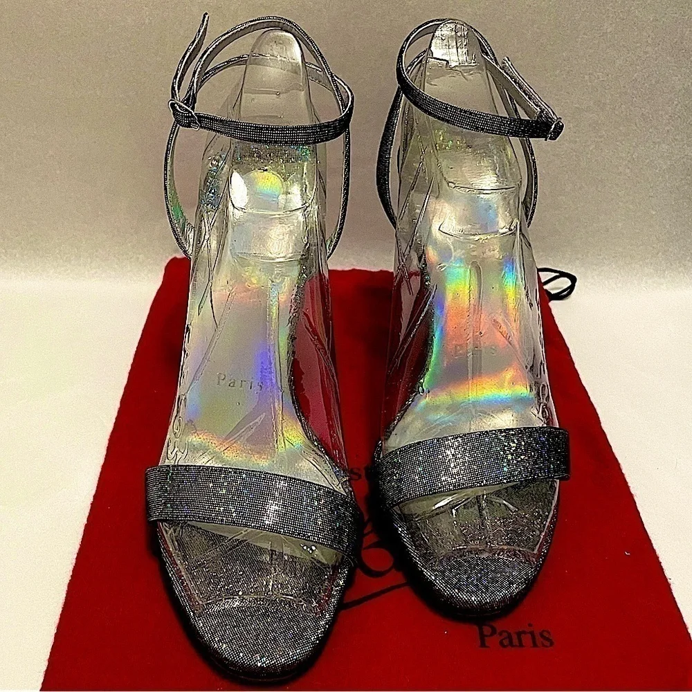 Christian Louboutin LoubiQueen  silver iridescent Glitter disco ball, 100mm EU38